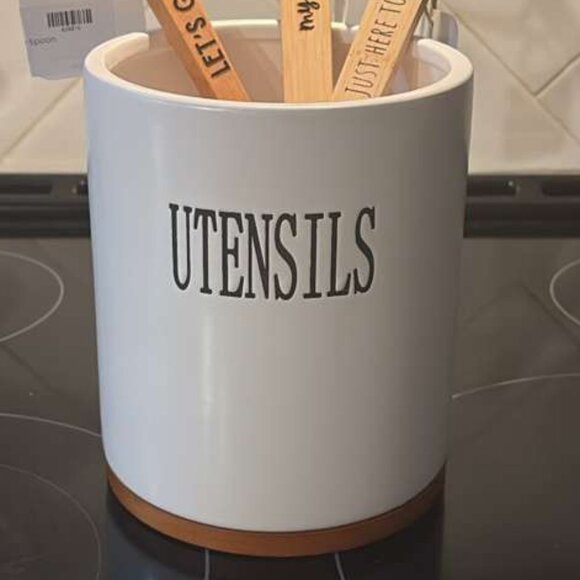 UTENSILS White Ceramic Crock Holder Kitchen Organizer Farmhouse Decor - Picture 2 of 3